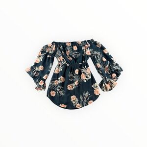 Indulge In Style Floral Off The Shoulder Ruffle Bell Sleeve Blouse Medium Navy